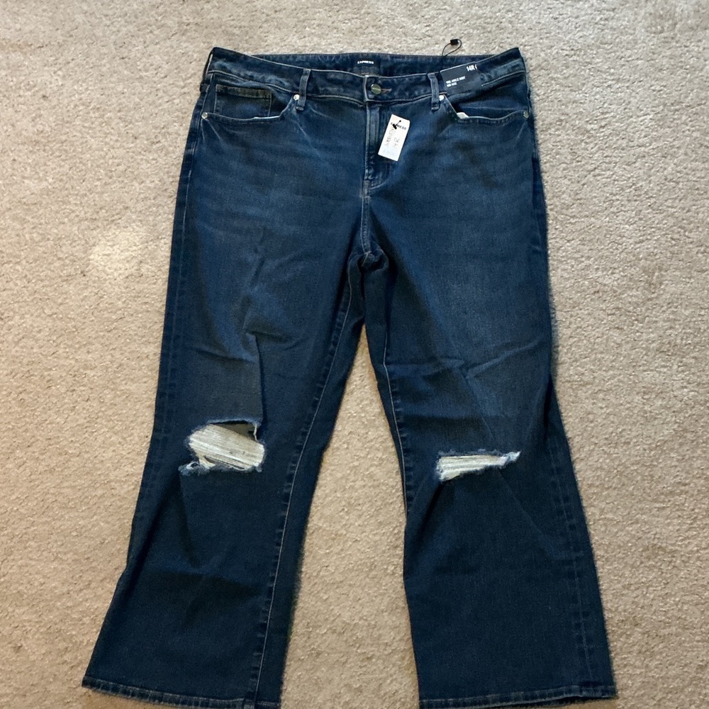 Express Dark Blue Flare ‘90s ankle boot mid rise distressed Jeans EUC